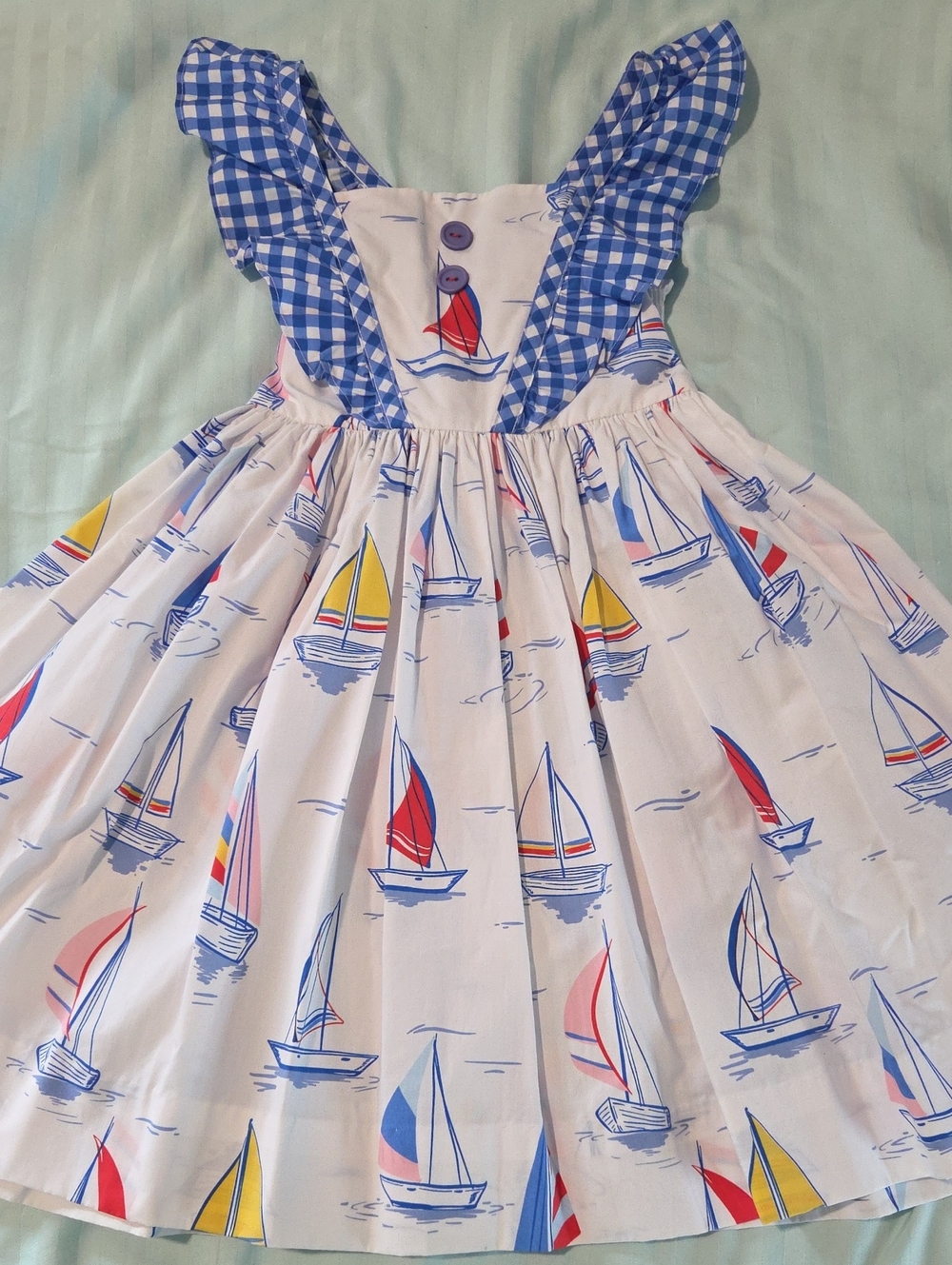 Eleanor Rose Nautical Sailboat Print Cotton Dress with Gingham Ruffle Straps
